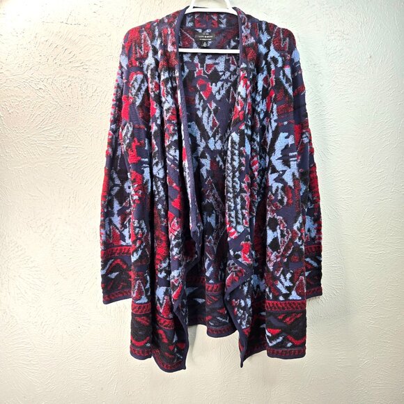 Lucky Brand Southwestern Cardigan Sweater M Blue Draped Boho Aztec Hippie Top - Picture 1 of 14